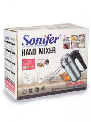 Ручной миксер (подставка) "Sonifer" SF-7021, 300 Вт, 5 режимов, Турбо режим, 4 насадки (Китай) Металлик/черный