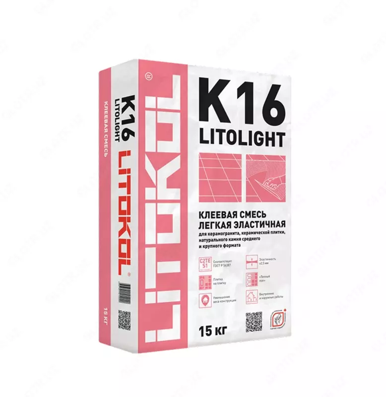 Клей эластичный с уменьшенным расходом для плитки  керамогранита и камня LITOLIGHT K16 (класс С2 TЕ S1)