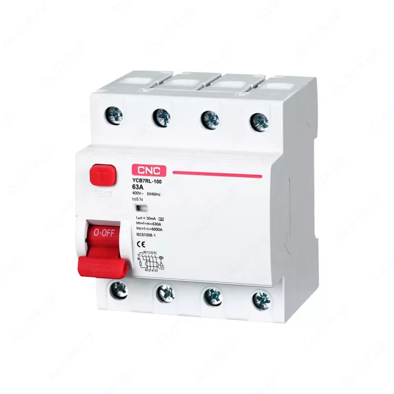 Электромагнитный автоматический выключатель (УЗО) CNC Electric YCB7RL-100 6kA 4P 80A AC 100mA (Арт. - uzo-ycb7-4-100ma-080)