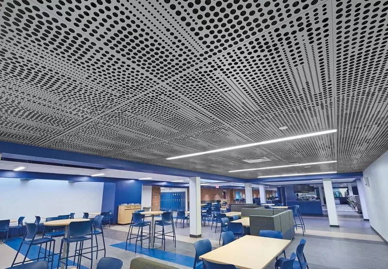 Потолок из алюминиевых панелей.