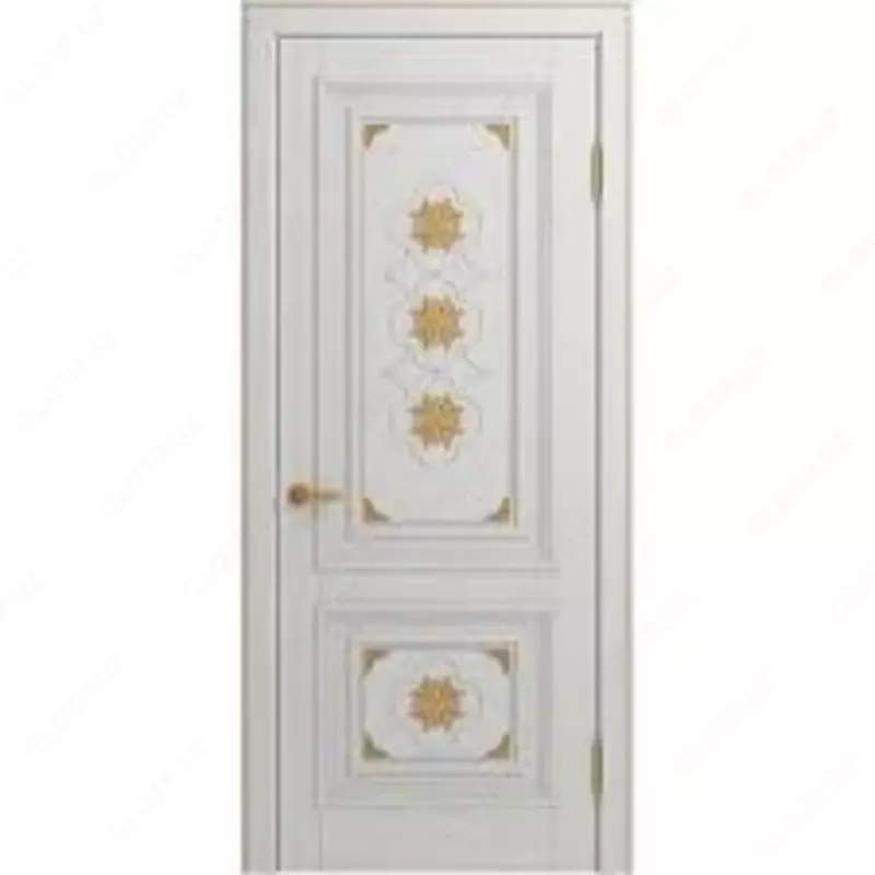 Межкомнатная дверь массив дуба Viporte Монако белая эмаль патина золото остеклённая