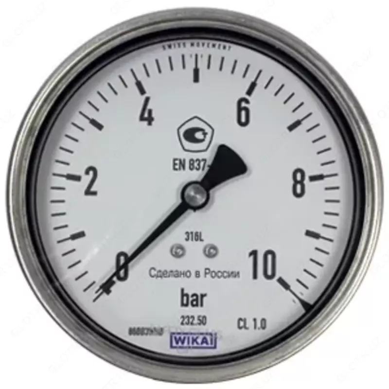 Манометр Wika 232.50.100 0..10 бар  G1/2В снизу  IP65  полностью из нерж. стали  Кл 1 нерж. сталь