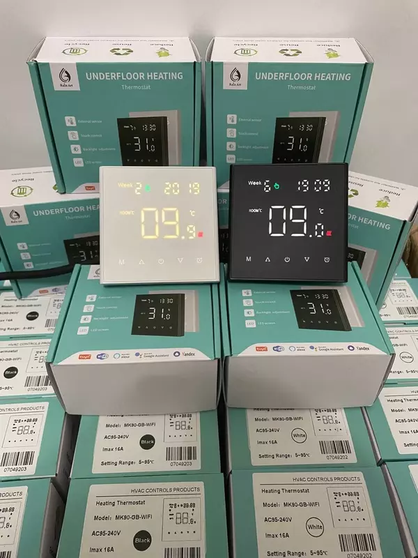 Xona sensori, termostat. Wi-Fi suvli va elektr isitiladigan pol uchun.