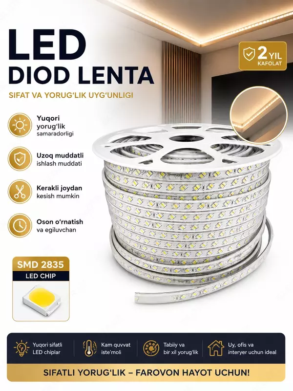 Turar joy va ofis xonalarini yoritish uchun svetodiod lentalar.