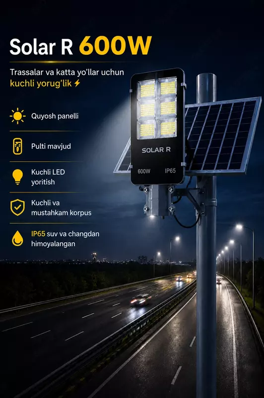 Shahar ko‘chalarini yoritish uchun quyosh panelli LED projektor.
