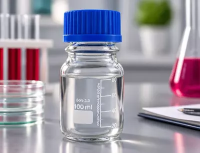 Reaktivlar uchun 100 ml hajmli, tiniq shishali, vintli qopqoqli, shkalali banka
