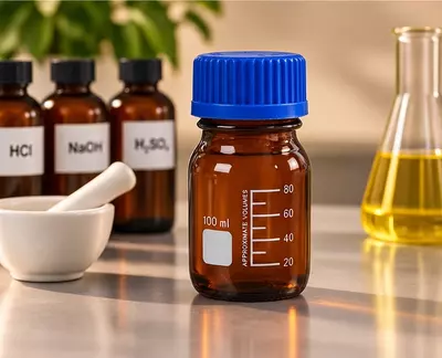 Reaktivlar uchun 100 ml hajmli, to‘q rangli shishali, vintli qopqoqli, shkalali banka