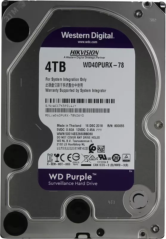 WD40PURX-78 WD Purple (Binafsha) 4TB HDD — videokuzatuv uchun professional disk  Hikvision (RES)