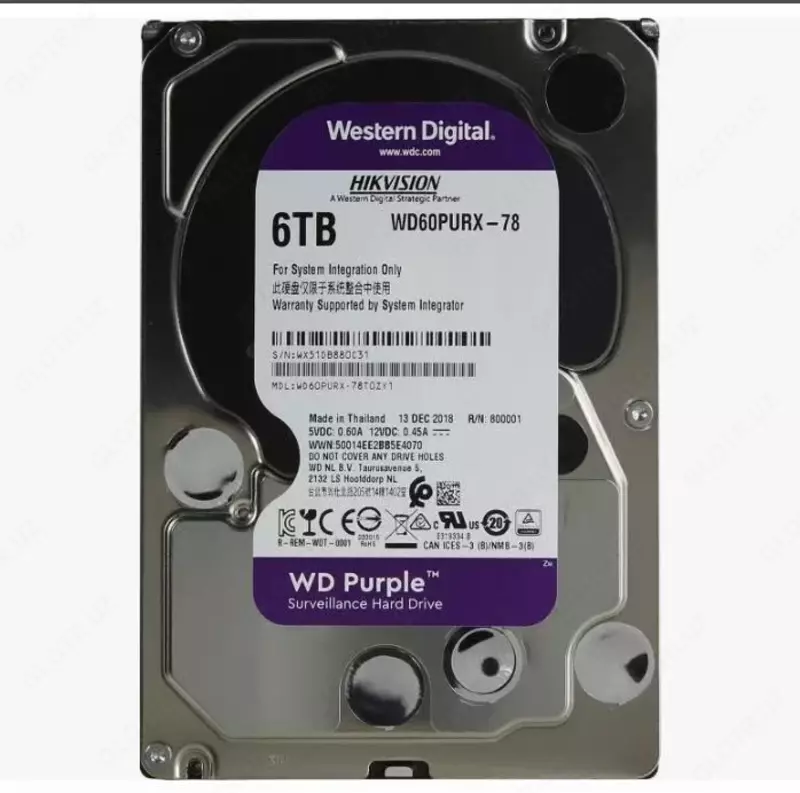 WD60PURX-78 WD Purple (Фиолетовый) 6TB HDD — профессиональный диск для видеонаблюдения  Hikvision (Оригинал)