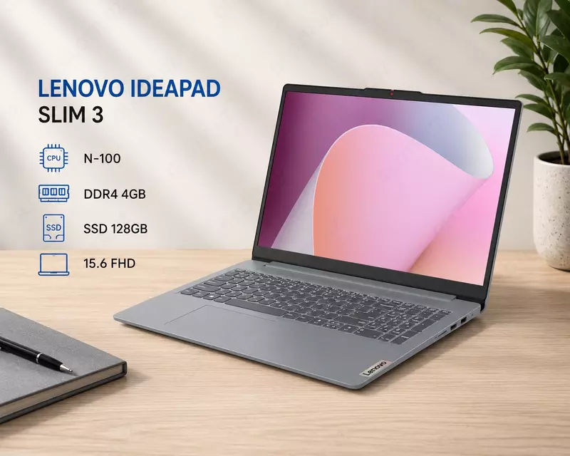 Ноутбук LENOVO IDEAPAD SLIM 3 / N-100 / DDR4 4GB / SSD 128GB / 15.6 FHD