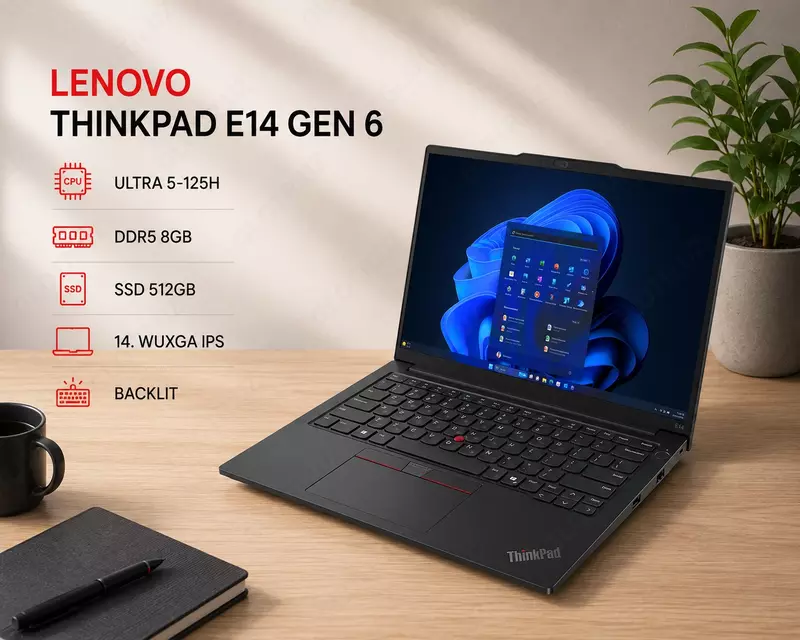 Ноутбук LENOVO THINKPAD E14 GEN 6 / ULTRA 5-125H / DDR5 8GB / SSD 512GB / 14. WUXGA IPS / BACKLIT