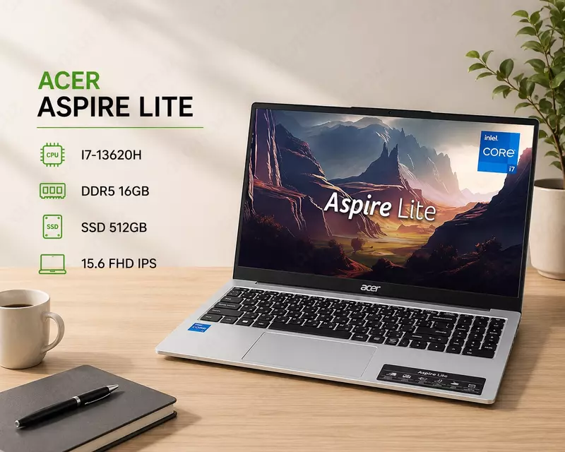 Ноутбук ACER ASPIRE LITE / I7-13620H / DDR5 16GB / SSD 512GB / 15.6 FHD IPS
