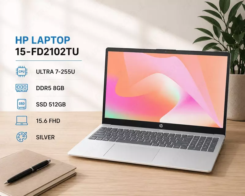 Ноутбук HP LAPTOP 15-FD2102TU / ULTRA 7-255U / DDR5 8GB / SSD 512GB / 15.6 FHD / SILVER