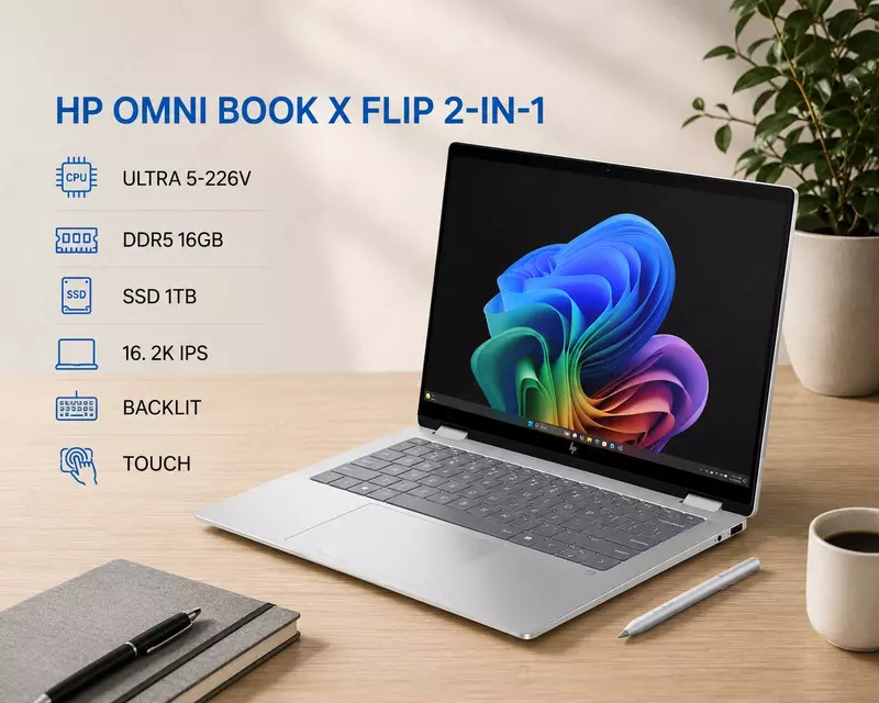 Ноутбук HP OMNI BOOK X FLIP 2-IN-1 / ULTRA 5-226V / DDR5 16GB / SSD 1TB / 16. 2K IPS / BACKLIT / TOUCH