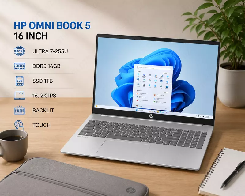 Ноутбук HP OMNI BOOK 5 16 INCH / ULTRA 7-255U / DDR5 16GB / SSD 1TB / 16. 2K IPS / BACKLIT / TOUCH