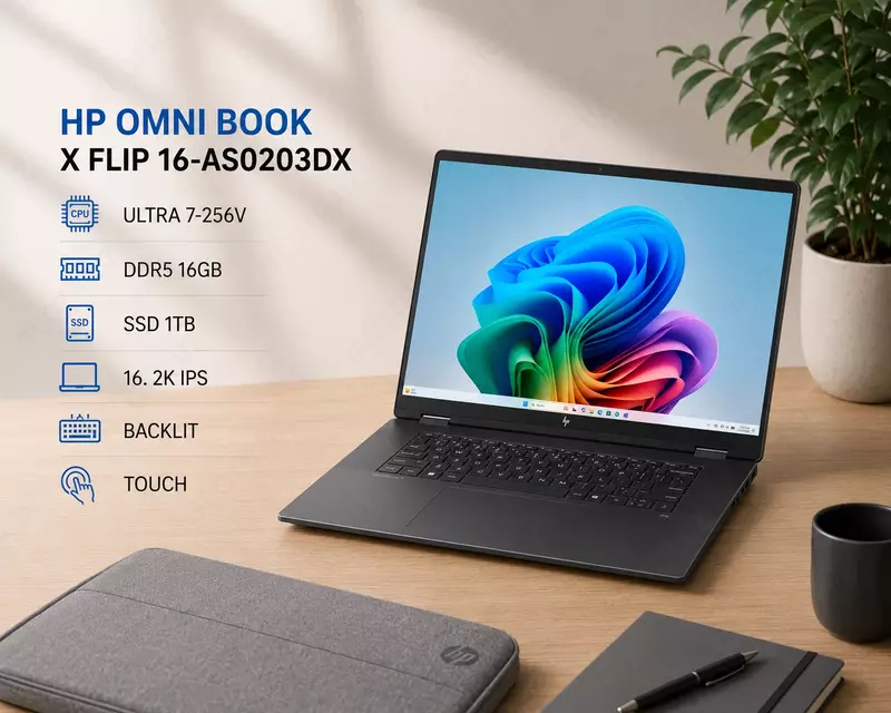 Ноутбук HP OMNI BOOK X FLIP 16-AS0203DX / ULTRA 7-256V / DDR5 16GB / SSD 1TB / 16. 2K IPS / BACKLIT / TOUCH