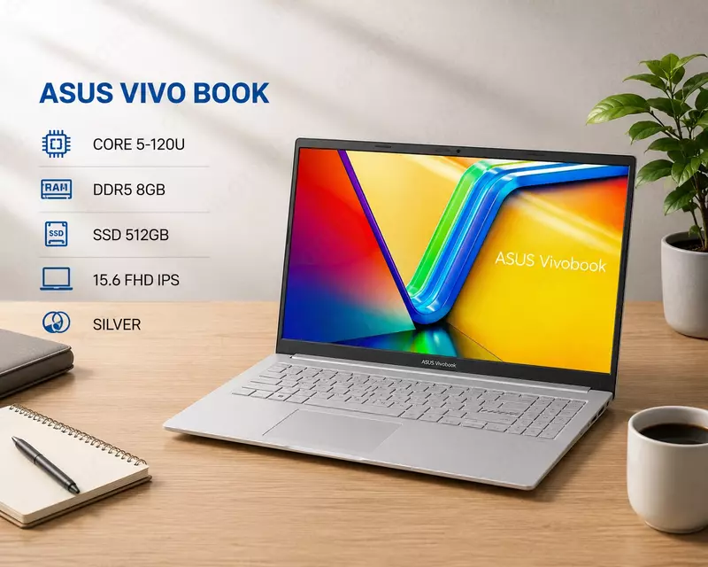 Ноутбук ASUS VIVO BOOK / CORE 5-120U / DDR5 8GB / SSD 512GB / 15.6 FHD IPS / SILVER