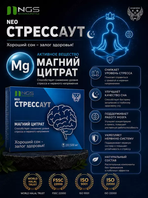 Neo STRESSAUT BFQ 500 mg 20 kapsula  stressni bartaraf etish va asab tizimi faoliyatini yaxshilash uchun kapsulalar