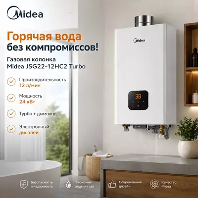 Газовый водонагреватель Midea JSG22-12HC5 (турбо) + дымоход: