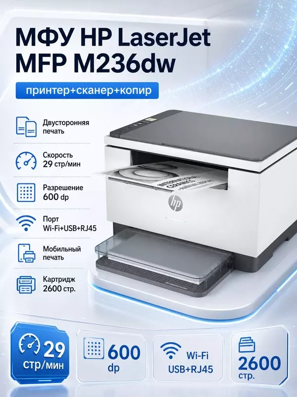 МФУ 3-в-1 HP HP LaserJet MFP M236dw A4 Монохромное лазерное (29 стр/мин, Duplex, Сетевой)
