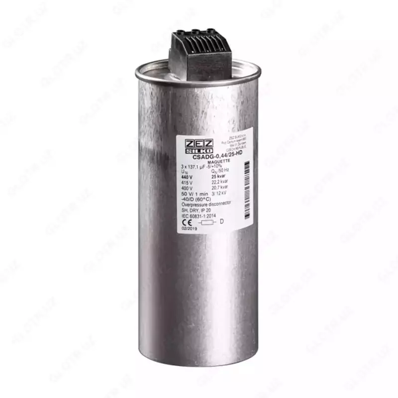 ZEZ Silko kondensator CSADG-0.44/25-UHD  uch fazali  25kVAr (440VAC)  20.7kVAr (400VAC)  MKP tizimi  terminal bloki S=25mm²  qoshimcha ogirlik  IP20