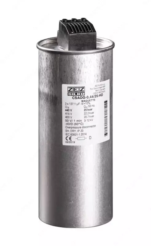  ZEZ Silko kondensator CSADG-0.44/25-UHD  uch fazali  25kVAr (440VAC)  20.7kVAr (400VAC)  MKP tizimi  terminal bloki S=25mm²  qoshimcha ogirlik  IP20 - 