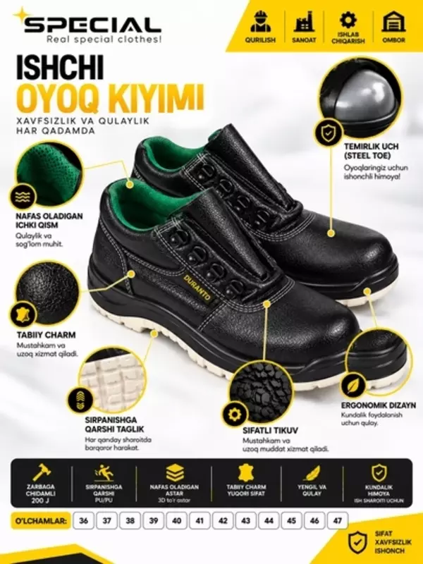 Специальная рабочая обувь, 100% кожа, PU подошва, против скольжения, черная,