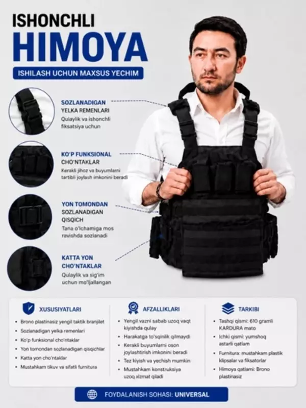 Тактический бронежилет из ткани KARDURA, 610 г, без бронепластины