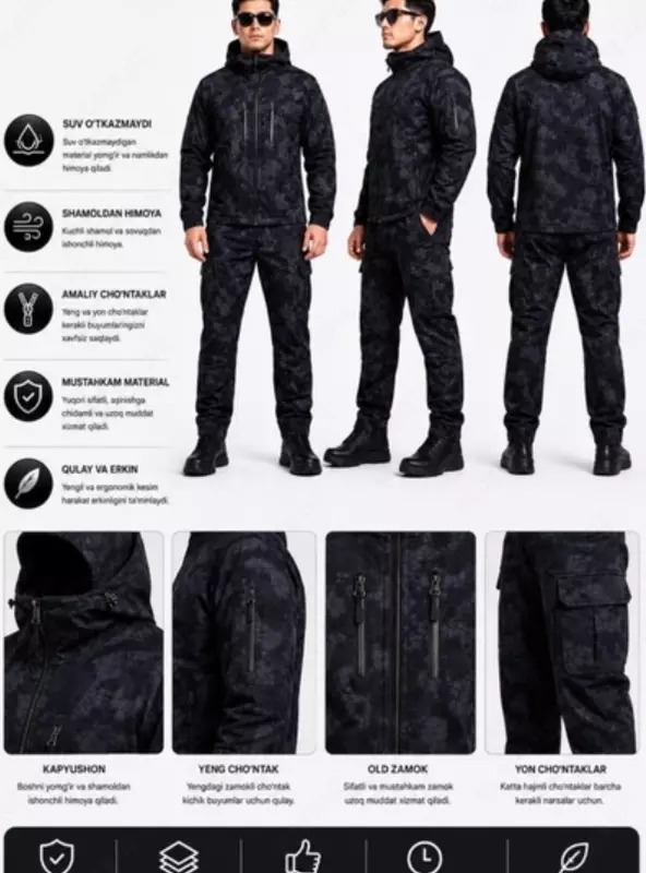 Kapyushonli taktik fleece kostyumi — qishki maxsus kiyim