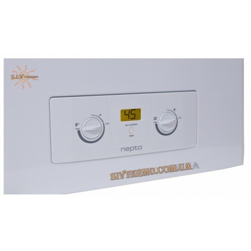 Demrad Nepto является комбинированным котлом для подогрева бытовой воды. Встроенный блок электронного управления обеспечивает прямое зажигания горелки и контроль горения, а также непрерывную модуляцию
